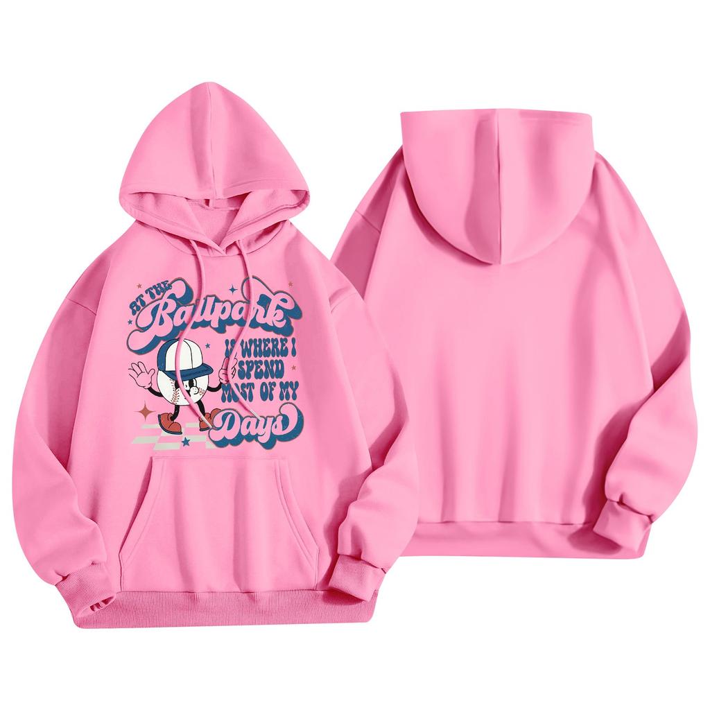 Dammode Lättviktig Långärmad Pullover Med Fickor Baseballtryck Hoodie