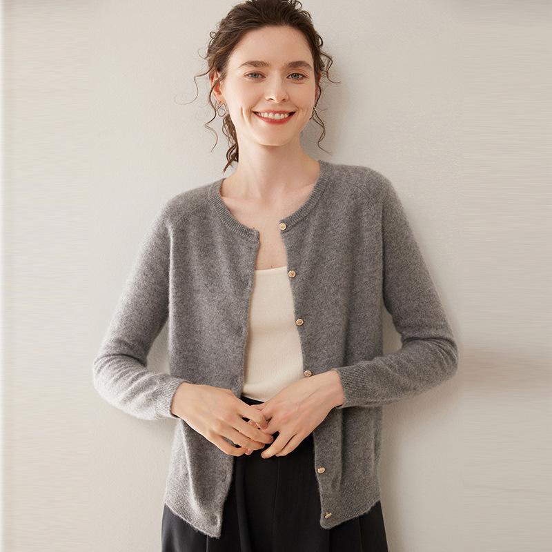 Damen Kaschmir Raglanärmel Cardigan - Dünn, Rundhalsausschnitt, Einfarbig, Lockere Passform für Herbst und Winter