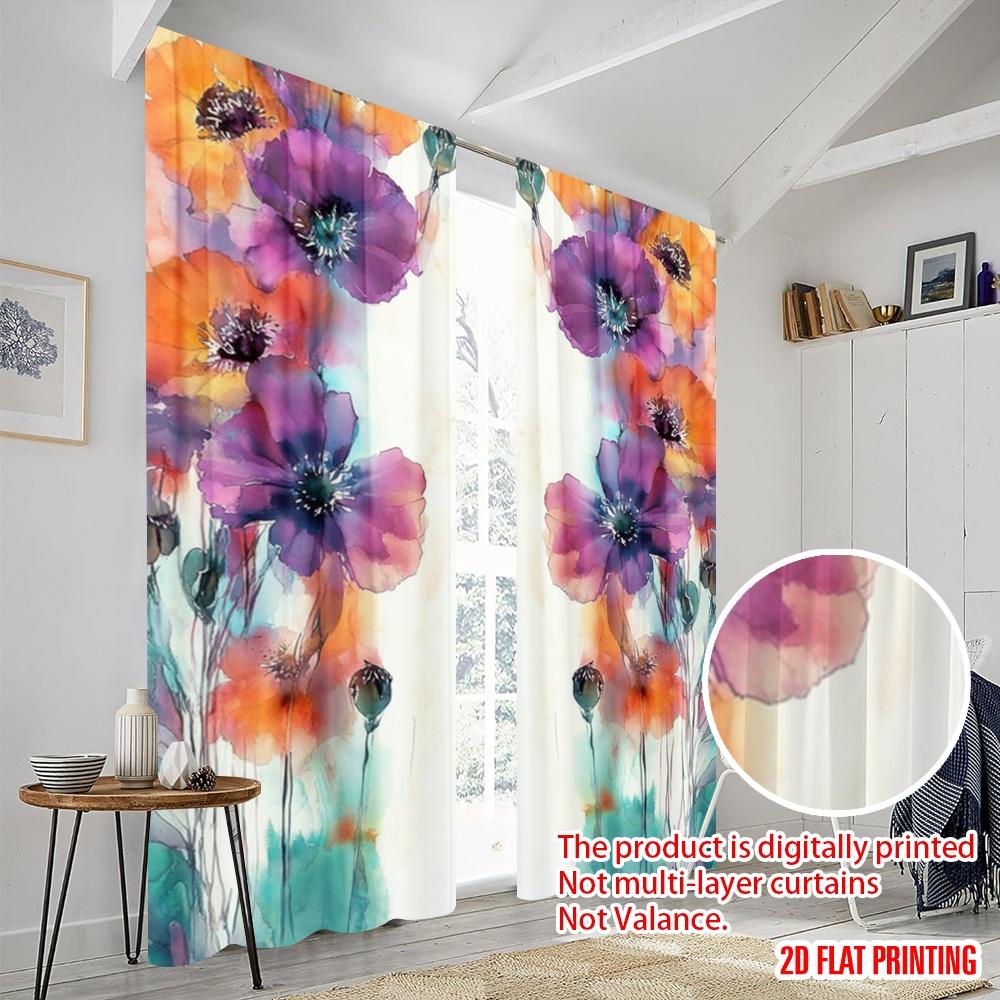 2pcs,2D Plane Printing Curtains Vibrant Blooms Durable Polyester (without Rod) Holiday Perfect for Living Room & Office Decor