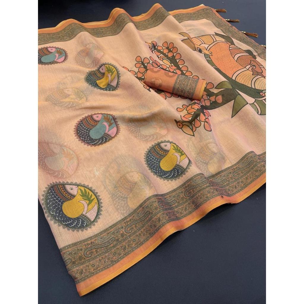 Soft premium handloom fabric Digital Print With  Rich Pallu With Lace Border On Saree
