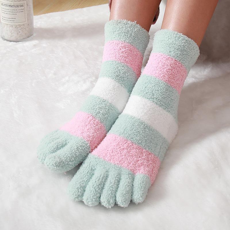 Women Winter Warm Coral Fleece Five Toe Towel Socks Non Slip Cozy Home Floor Sleep Wear Soft Comfortable Essential