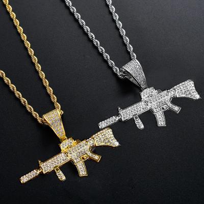 Mode HipHop Ak47 Submachine Gun Hänge Halsband För Herr Kristall Kubansk Kedja Iced Out Bling Halsband Punk Rock Biker Smycken