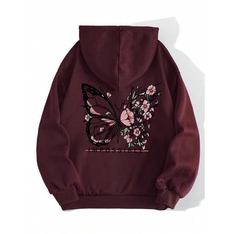 Rose Butterfly Graphic Unisex Hoodie with Drop Shoulder Sleeves