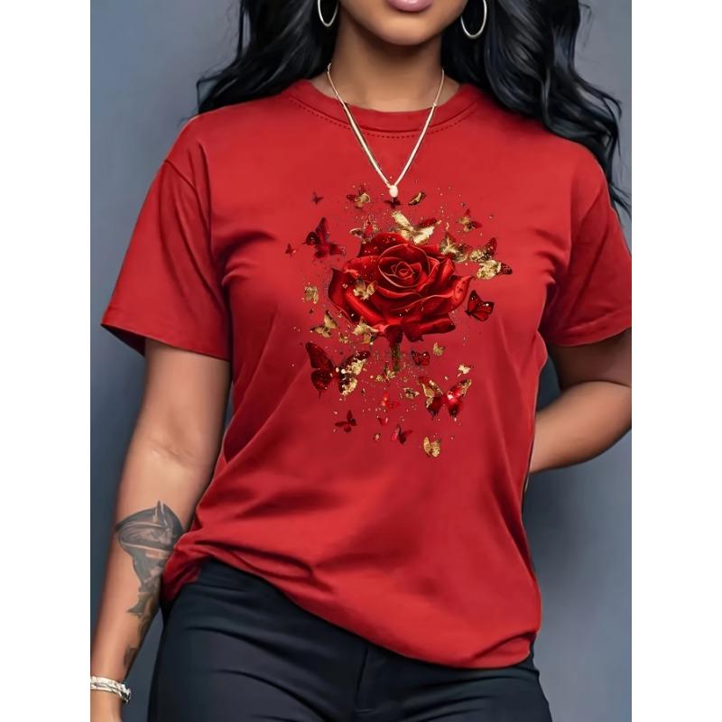 Women'S Floral Rose Butterfly Print T-Shirt Casual Crew Neck Short Sleeve Knit Polyester Regular Length Seasons Plus Size Tees