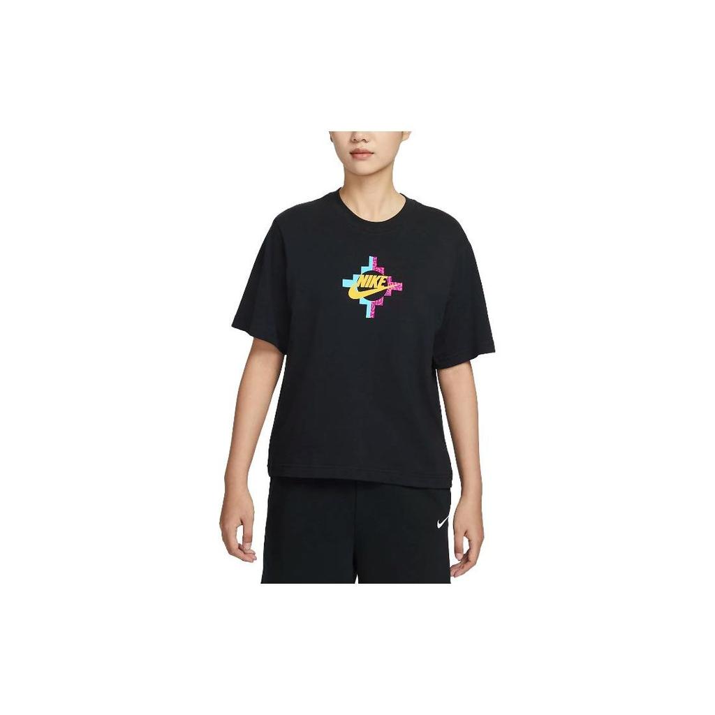 Nike Pattern Print Logo Crew Neck Short Sleeve T-Shirt Women Tops Black FB8210-010
