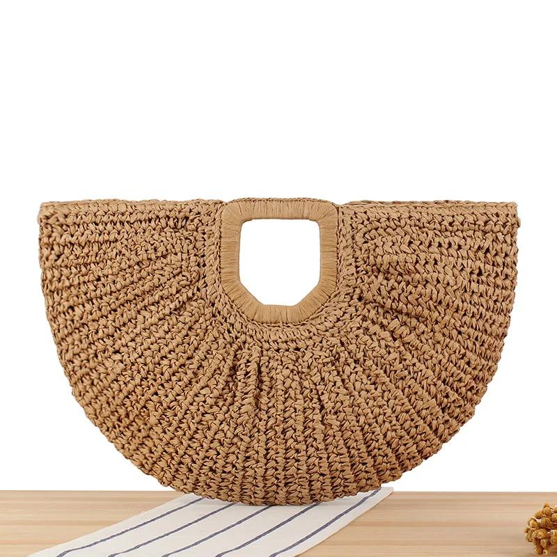 Casual Rattan Wicker Tote Bag Large Capacity Woven Designer Beach Bag Women's Straw Summer Half-moon Beach Handbag Shopper Tote