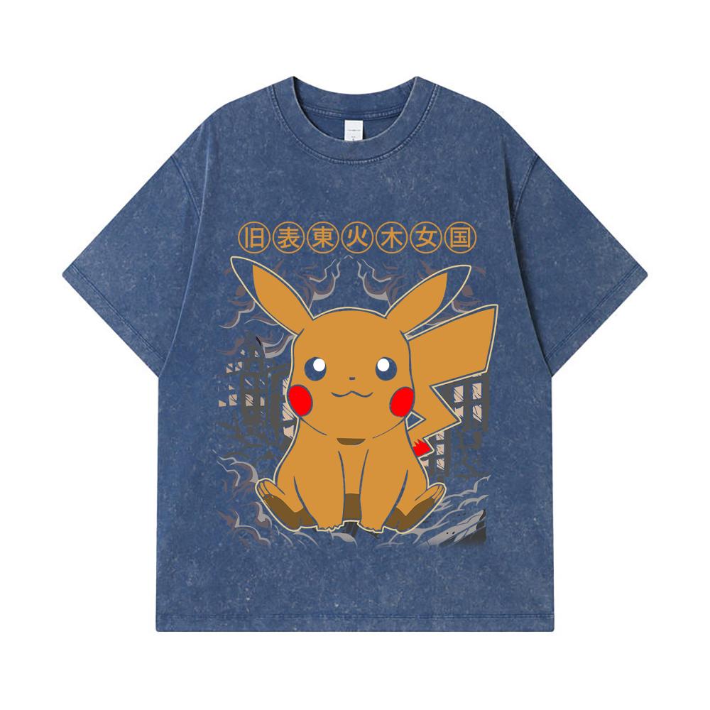 275 GSM Washed T-shirts 100% Cotton Pokemon V22 Pikachu Print Unisex Heavy Cotton T Shirt