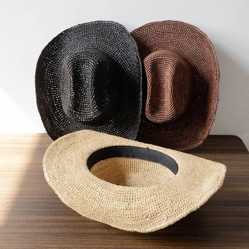 Handgehäkelte Natur-Raffia-Stroh-Sonnenhüte Cowboyhut Für Damen Herren Sommer Breiter Rand Panama Outdoor Atmungsaktiv Strandkappen