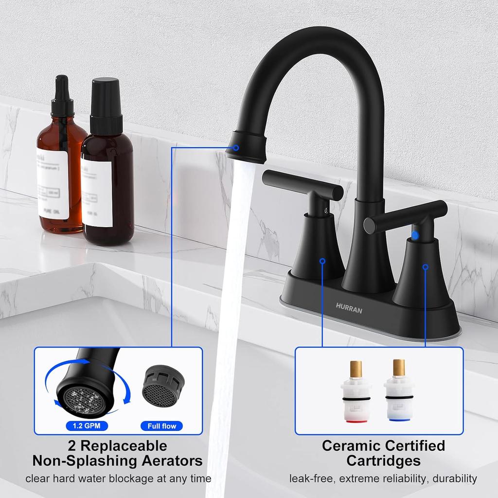 3 Hole Matte Black Bathroom Faucet with Pop-up Drain, 4 Inch Centerset, Stainless Steel Lead-Free for Sink Vanity