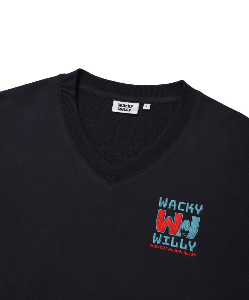 WACKY WILLY Color Logo V-Neck Sweatshirt Navy