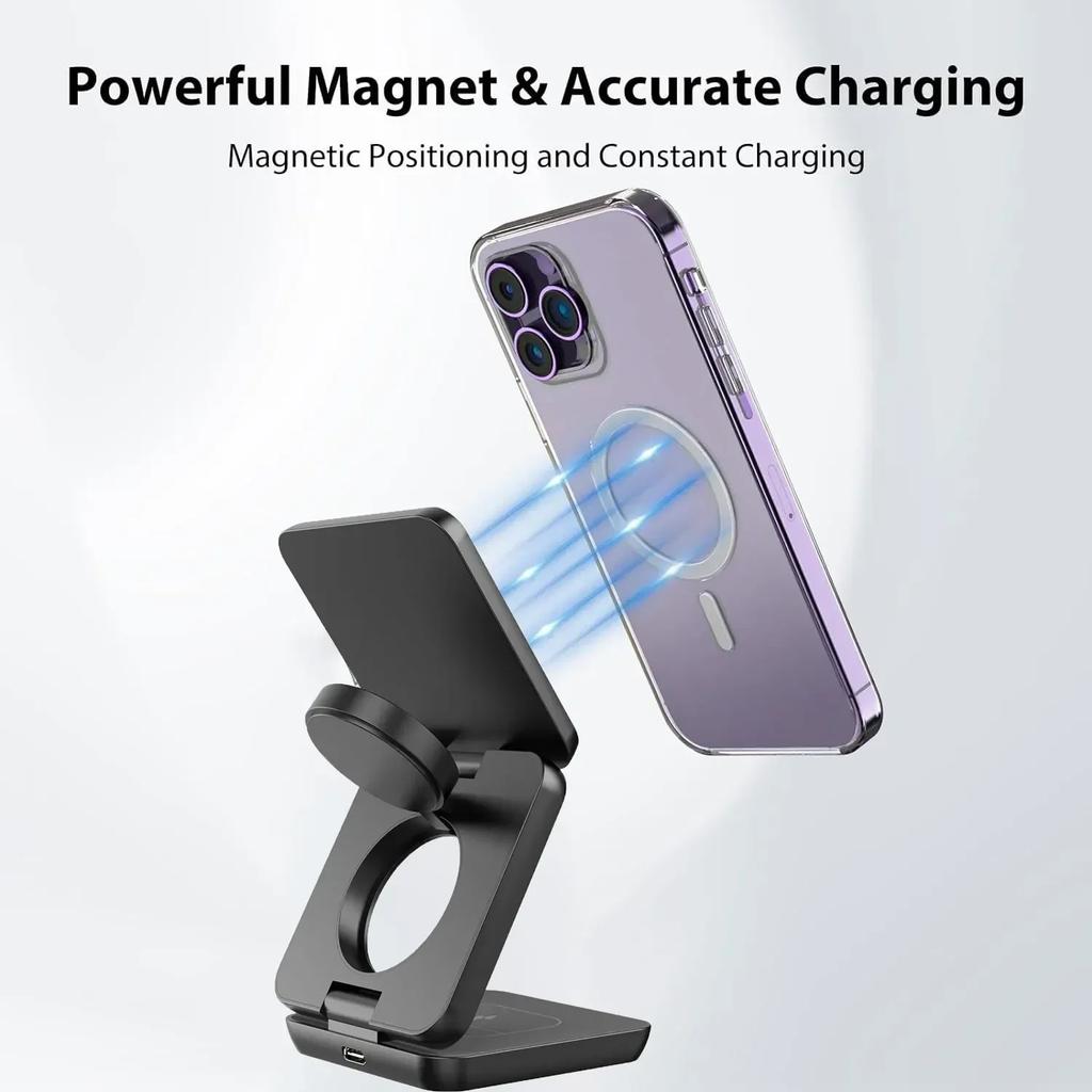 3 in 1 Foldable Magnetic Wireless Charger Stand Macsafe for iPhone 15 14 13 12 Apple Watch 8 7 6 Airpods Fast Charging Station
