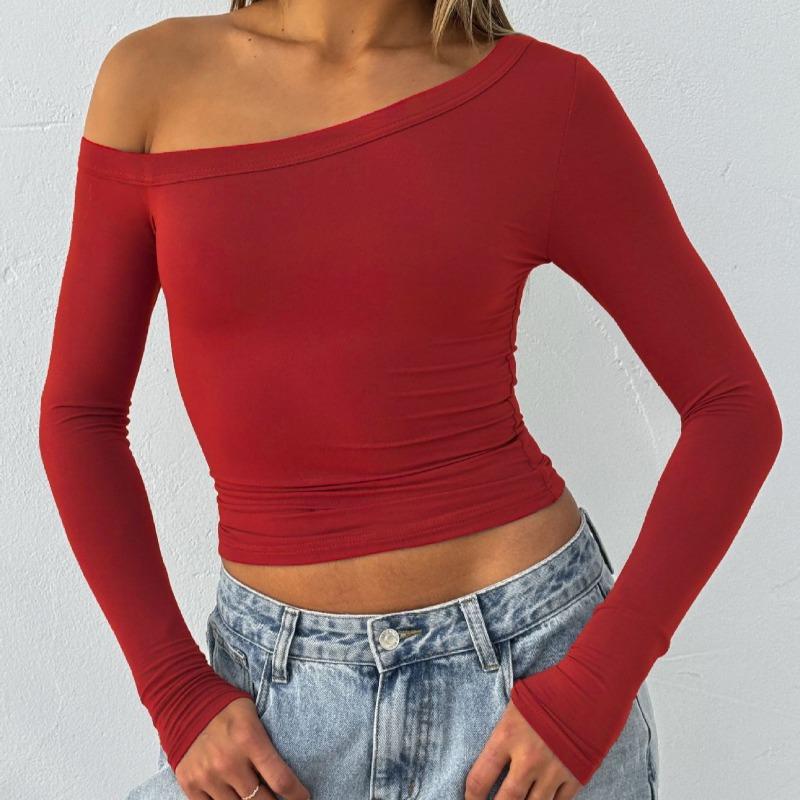 

2026 Autumn Hot Selling Women s Off-shoulder Long-sleeved Knitted Cardigan T-shirt Y2K Hot Girl Style Slim Top S красный