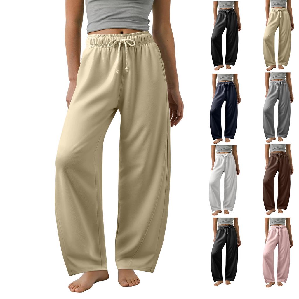 Women's Barrel Leg Sweatpant Drawstring Elastic Waisted Wide Leg Pants Casual Cotton Palazzo Trousers With Pockets