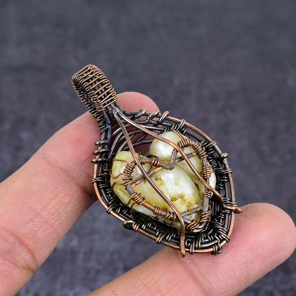 Natural Biwa Pearl Gemstone Handmade Copper Wire Wrap Jewelry Pendant 2.21" u1Z76