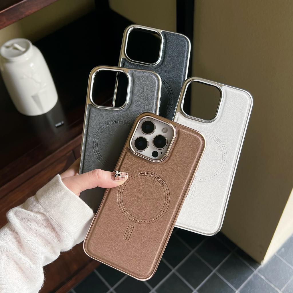Applicable To IPhone 16 Original Color Leather Magnetic Suction Mobile Phone Case Apple 15 ProMax Electroplating 14 Anti-fall Protection Case