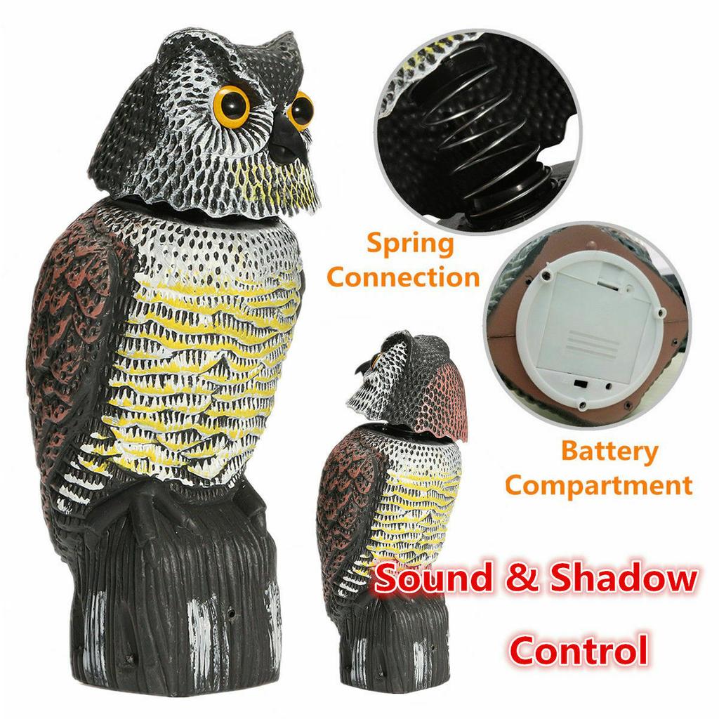 Fake Owl Decoy Plastic Owl Scarecrow Sculpture with Rotating Head and Sound for Garden Yard Bird Repellent Outdoor