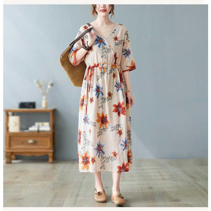 Nowe luźne plus size drukowane sznurki do wiązania w pasie etniczny styl dekolt w serek rękaw pięciominutowy literackie długie sukienki