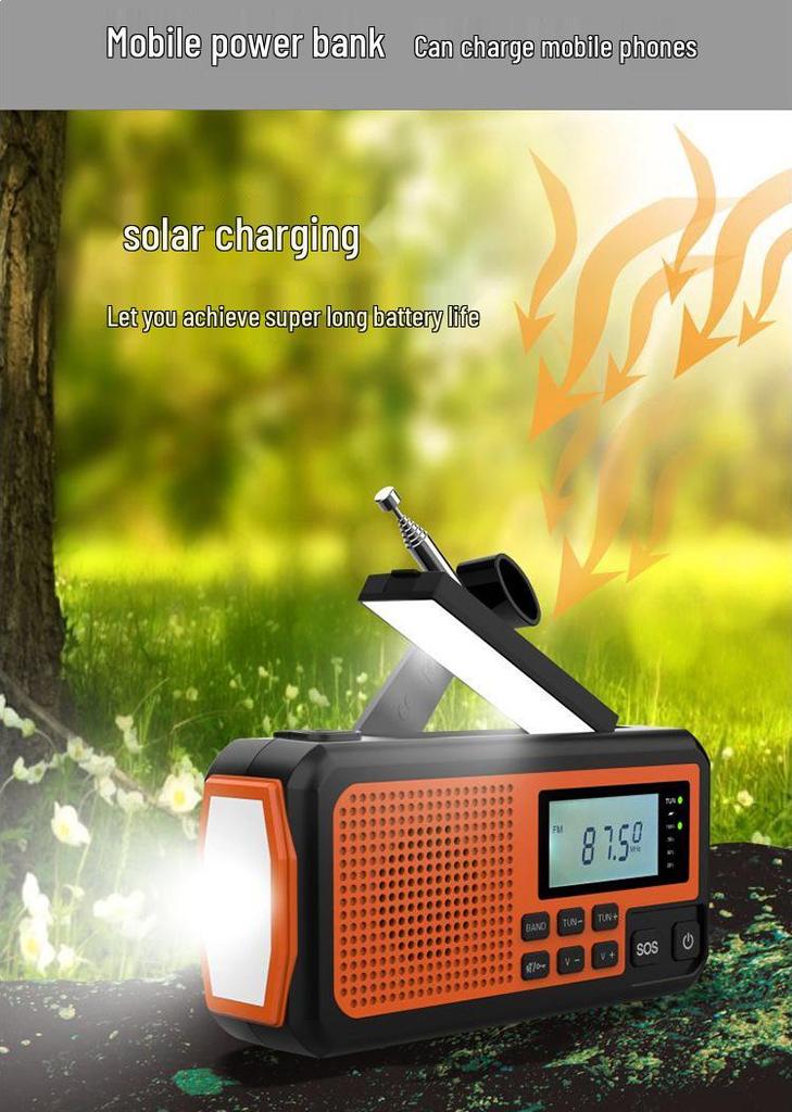 Solar-Powered Multi-Function Emergency Radio and Flashlight with Hand Crank and Power Bank