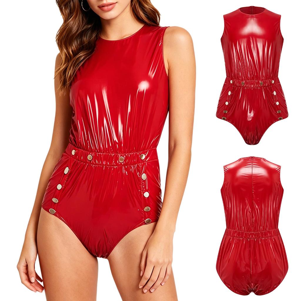 S-3XL Women‘s Waterproof Romper Sleeveless Back Zipper Elastic Waist Press Button Crotch Jumpsuit for Pool Party Nightclub