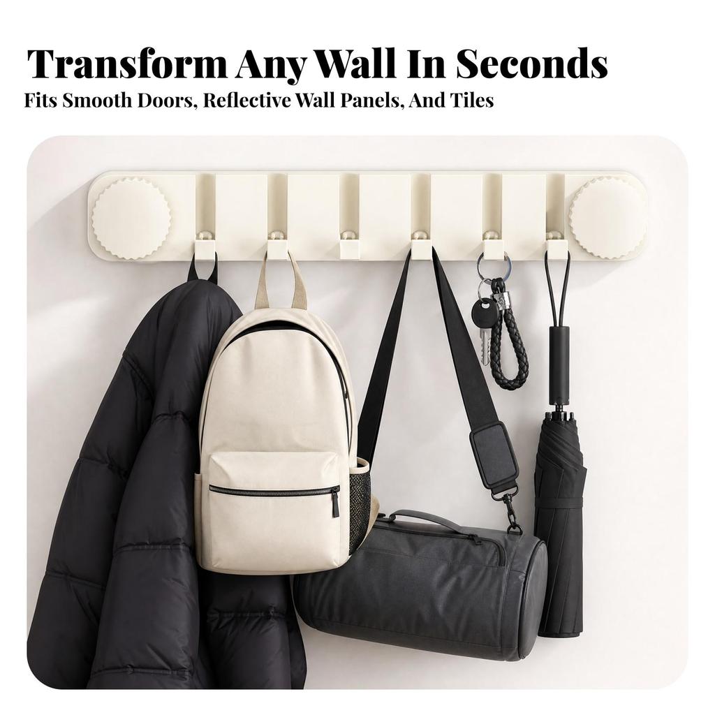 Suction Cup Wall Hook Rack Complimentary 6-Hook for Bathroom, Kitchen
