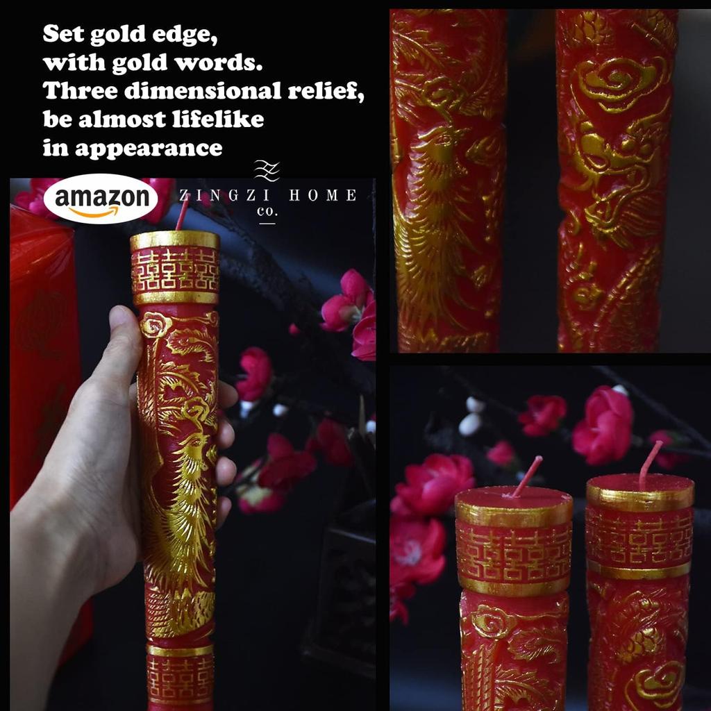 Chinese Dragon and Phoenix Wedding Candles Red Traditional Double Happiness 1 Pair, 9.84 Inch Tall x 2 Inch Diameter, Great for Chinese Weddings