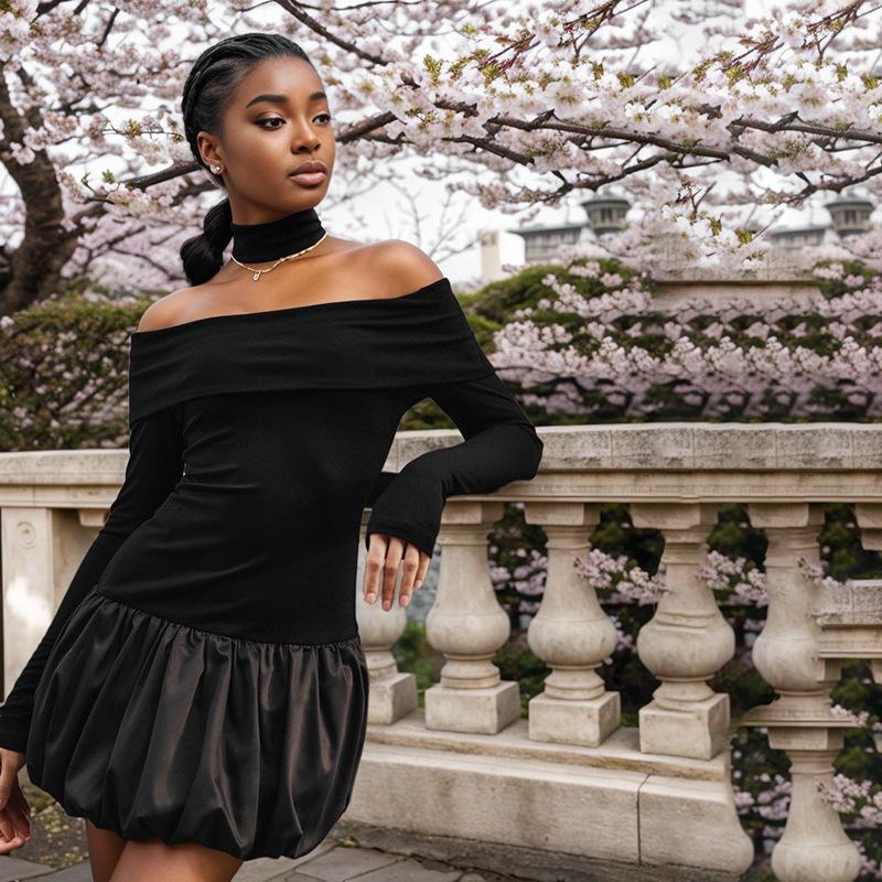 European & American Sexy Off-Shoulder Black & White Patchwork Slim Bubble Dress - Long-Sleeved, Autumn/Winter Collection.