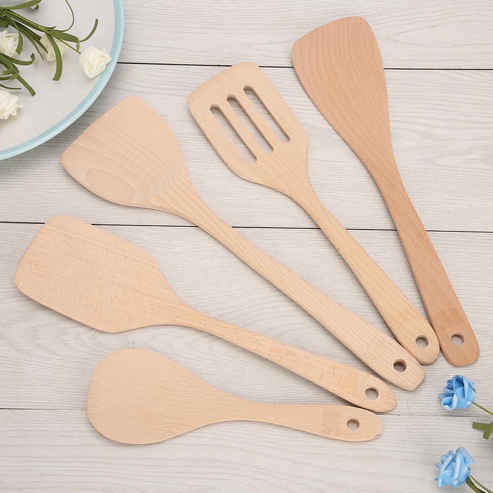 5dílná sada Dřevěná špachtle Lžíce Vařicí nástroj Domácí kuchyňské náčiní Sada pro nepřilnavou pánev