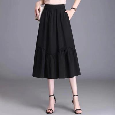 Women Midi Skirt Elastic High Waist A-Line Long Skirt with Pockets Solid Color Thin Style Skirt Slimming Design Skirt