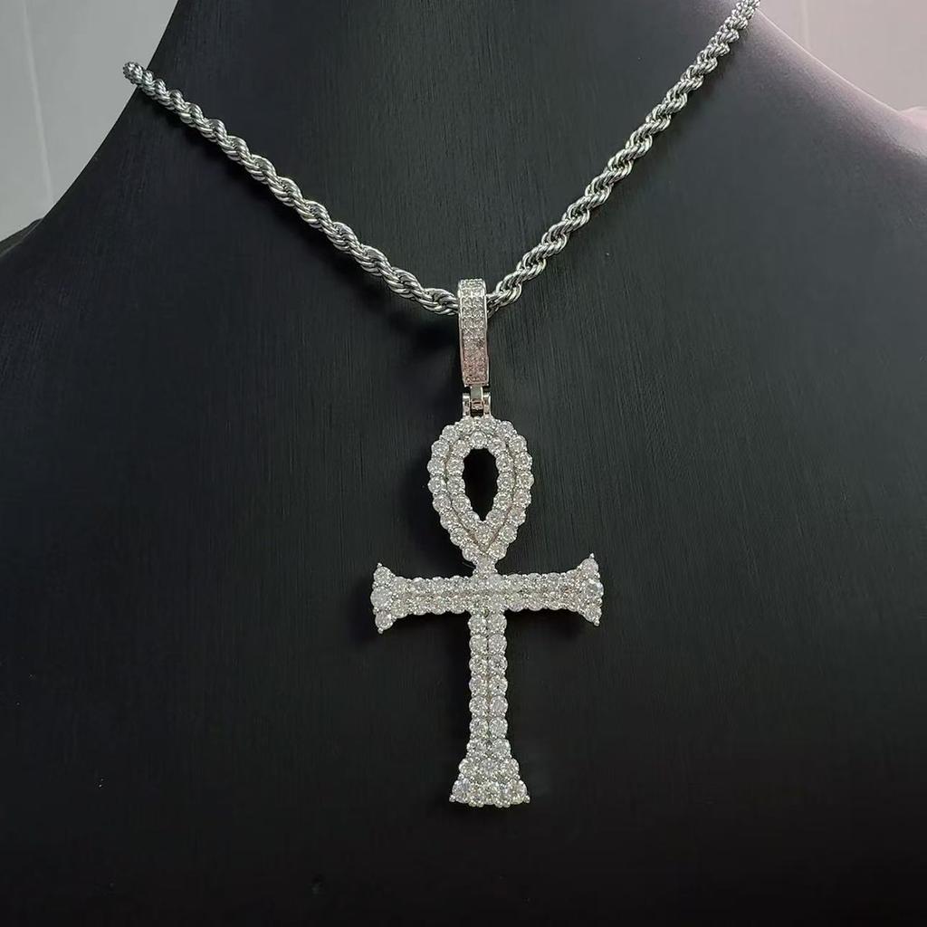Egyptian Ankh Cross Pendant Necklace Iced Out Moissanite Hip Hop Copper Jewelry For Men Women