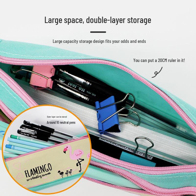 Flamingo Double Zipper Pencil Case - Large Capacity Stationery Box with Cute Pattern