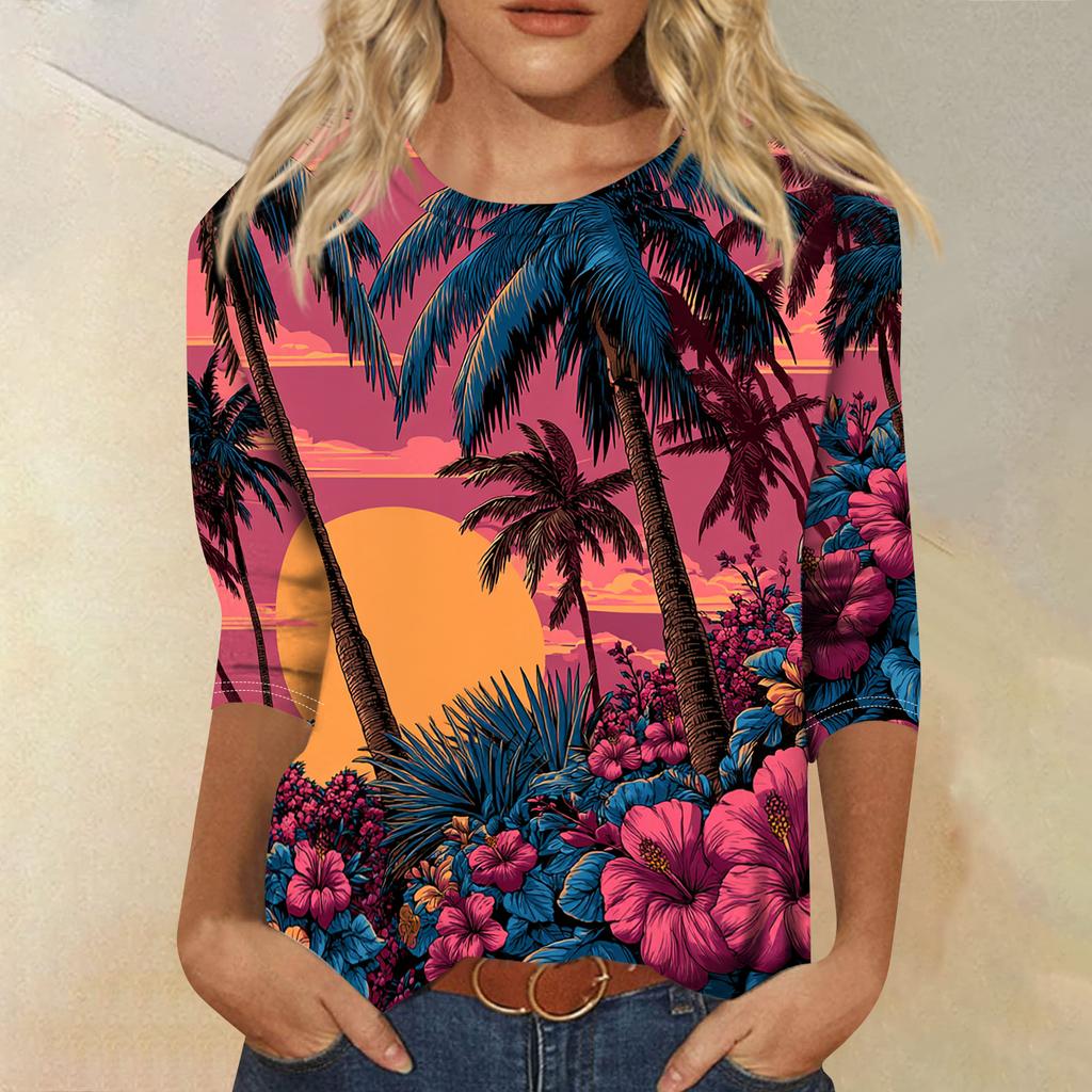 Damen Frühlings-Oberteile Rundhals 3/4 Ärmel Sommerhemden für Damen Lässig Bedruckt Locker Geschnitten Damen Sommerhemden