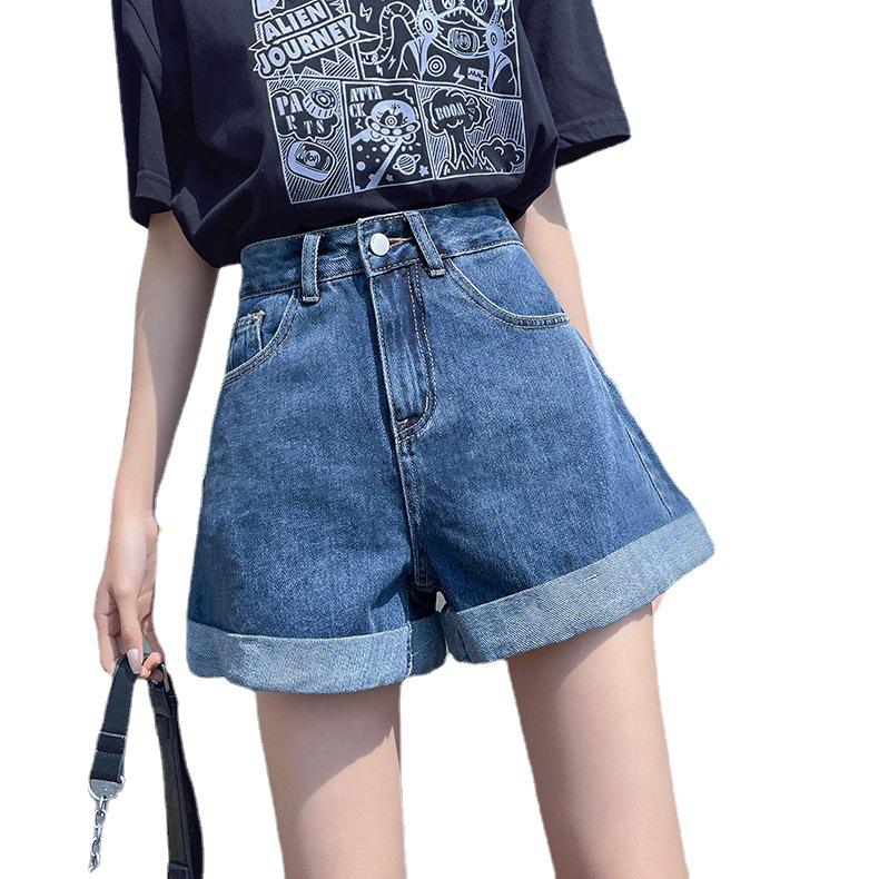 Women's Korean Style High Waist Loose Denim Shorts - Versatile Wide Leg Casual Fit with Rolled Hem
