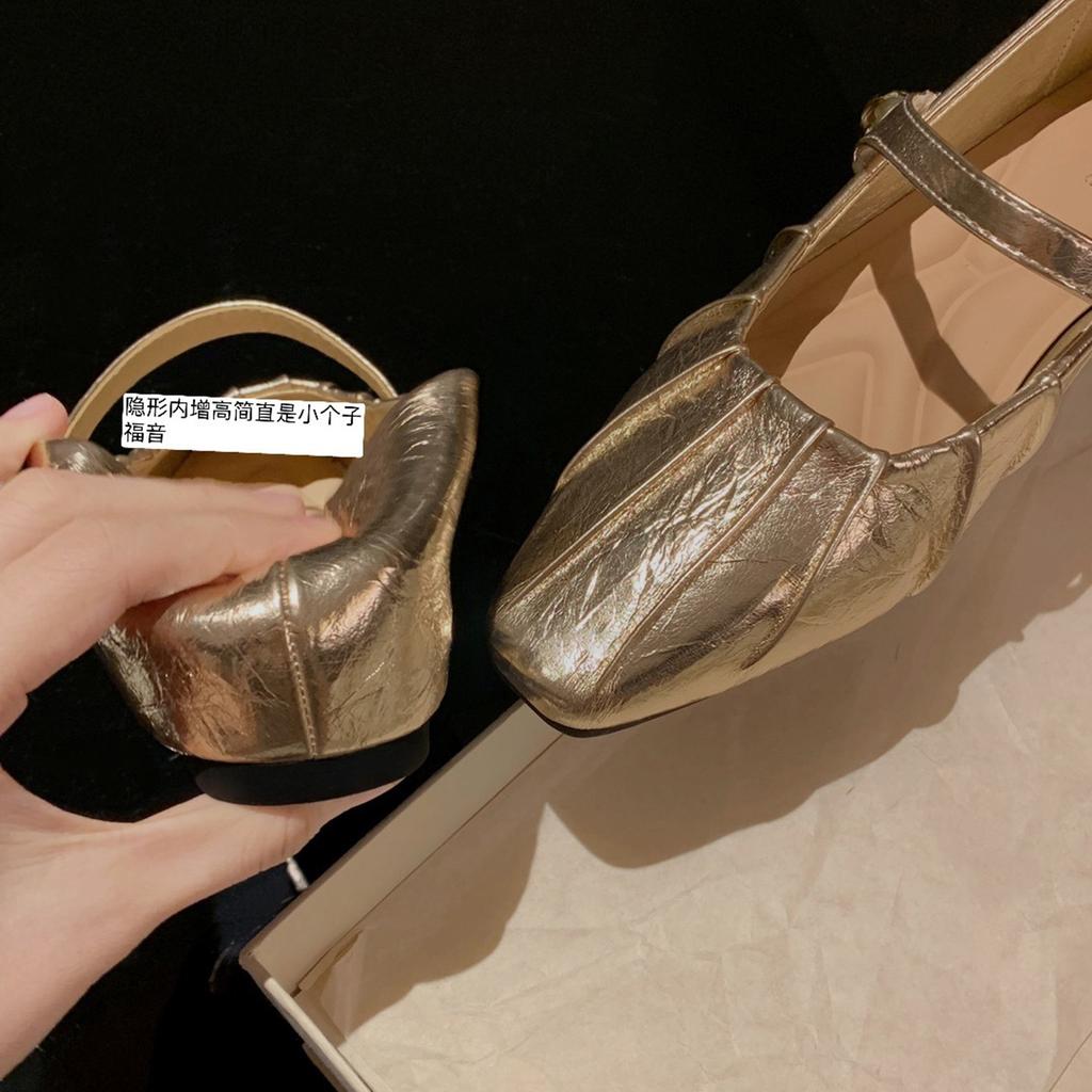 Sheepskin version~ genuine leather French gentle inner height increase silver light mouth single shoes women's one-word buckle Mary Jane shoes s