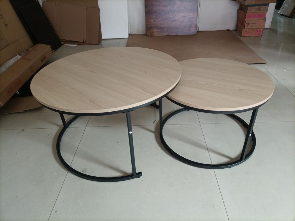 Two-Piece Nesting Coffee Table Set, Oak Veneer, Round with a Diameter of 80 cm, Metal Frame, Modern Style, Suitable for Living Room, Bedroom, Balcony.