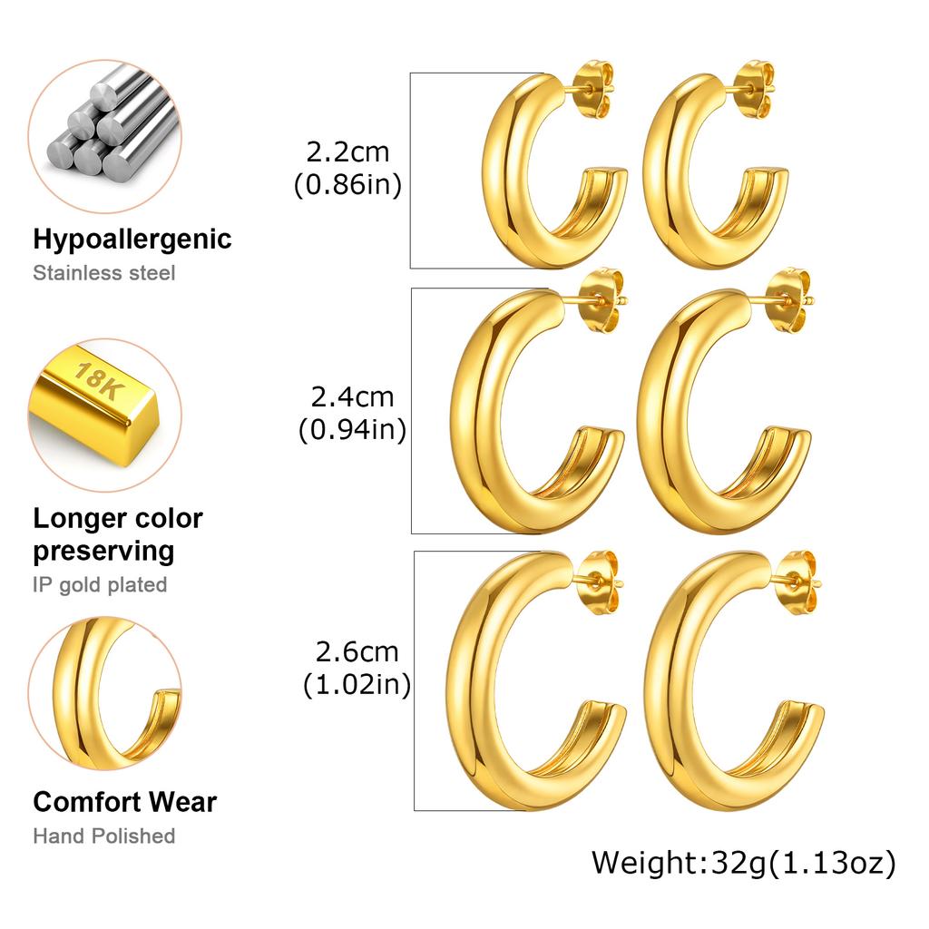 3pcs Stainless Steel Gloss C-shaped Earrings,Women's Gold Color High-quality Earrings,Trendy Geometric Jewelry Party Gift