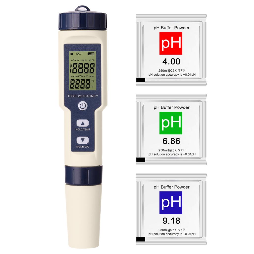 EZ-9909 5-v-1 tester PH/EC/TDS/slanost/teploměr přenosný tester kvality vody bez podsvícení s baterií