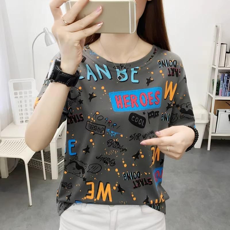 Summer Casual gray Tee shirt for Women Basic letter print Tops Short Sleeve Crewneck loose T-shirt y2k Vintage Top Harajuku Streetwear