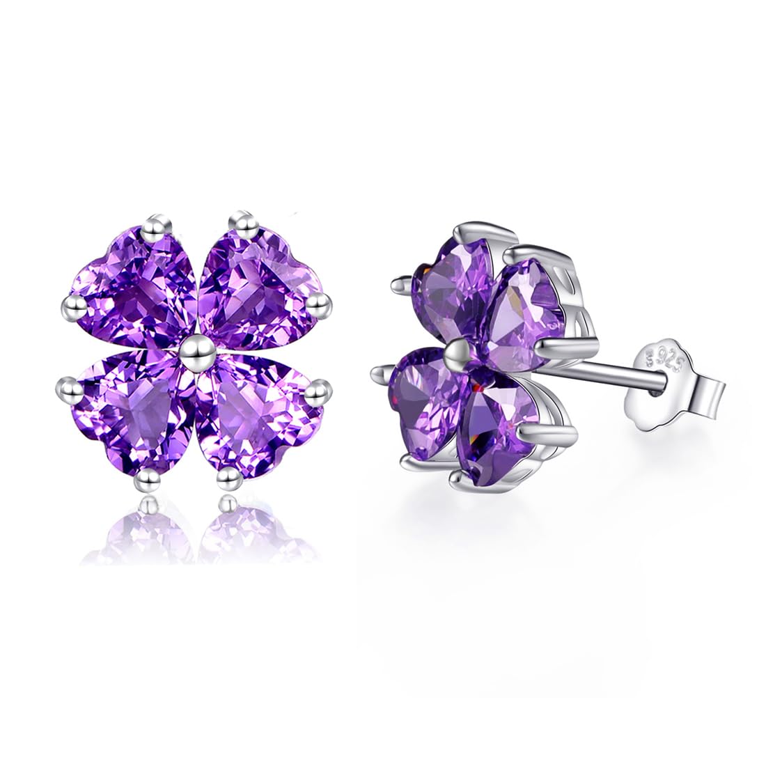 

Elegant LUCKY clover earrings for February birthstone 925 18K gold ladies stud for both 4 single [JIANGXIN] Four-leaf women, hypoallergenic, amethyst,