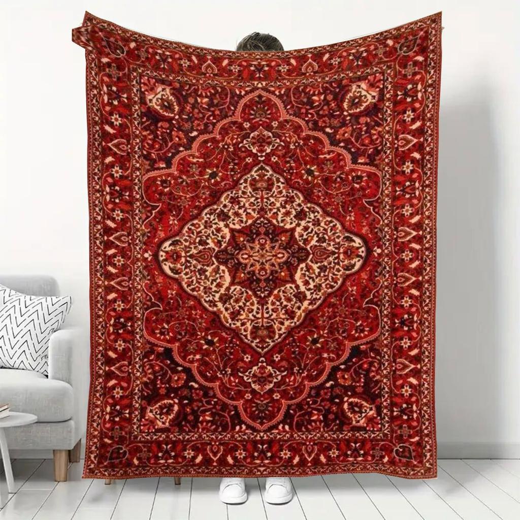 Red Brown Persian Carpet Pattern Vintage Luxe Soft Cozy Throw Blanket for Sofa Bed Oriental Charm