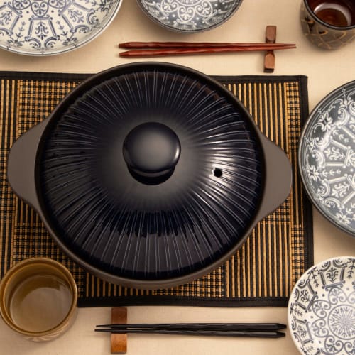 TAMAKI Thermatec Earthenware Pot (1-2 Person), Denim Blue, 24.4cm Diameter x 20.2cm Depth x 11.5cm Height, 1.1L Capacity, Induction, Direct Heat, Micr