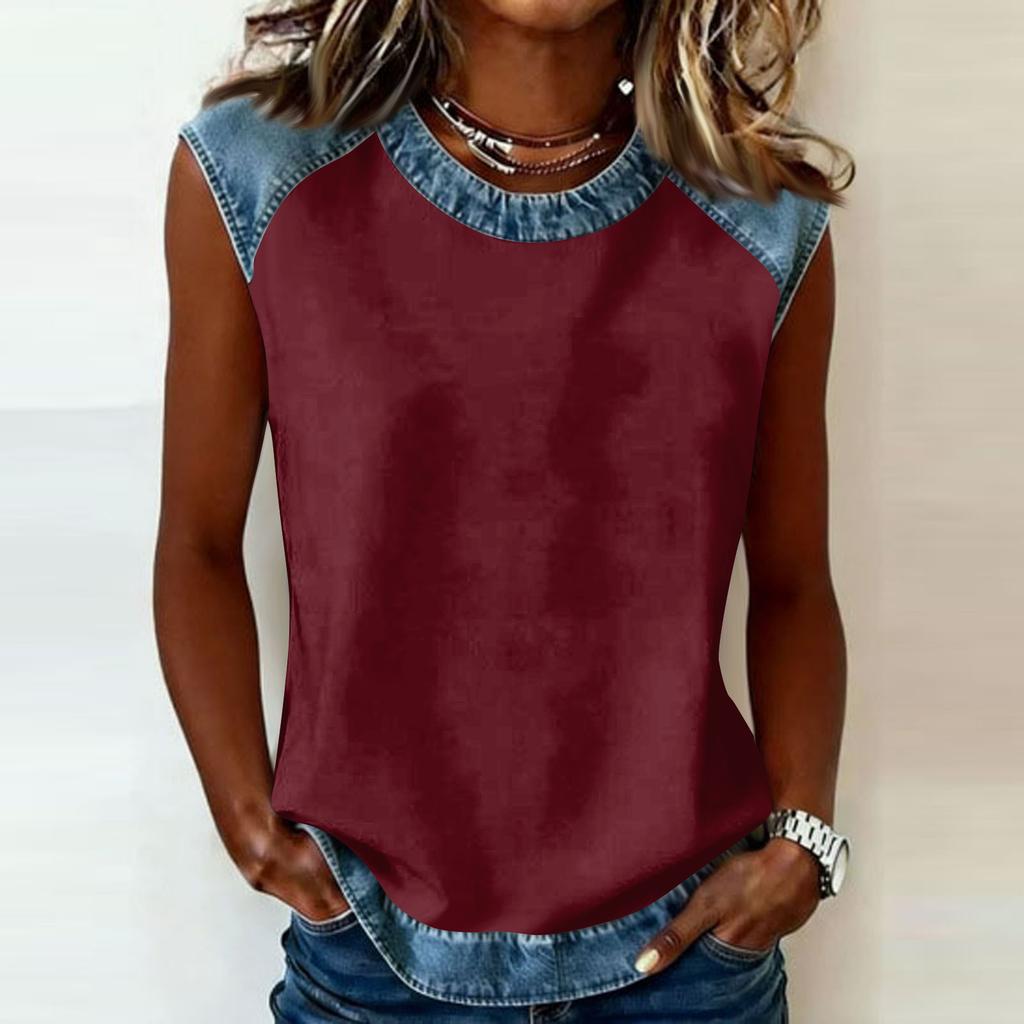 Sleeveless Crew Neck Top with Denim Trim Relaxed Fit Casual Shirt for Women Comfortable Design