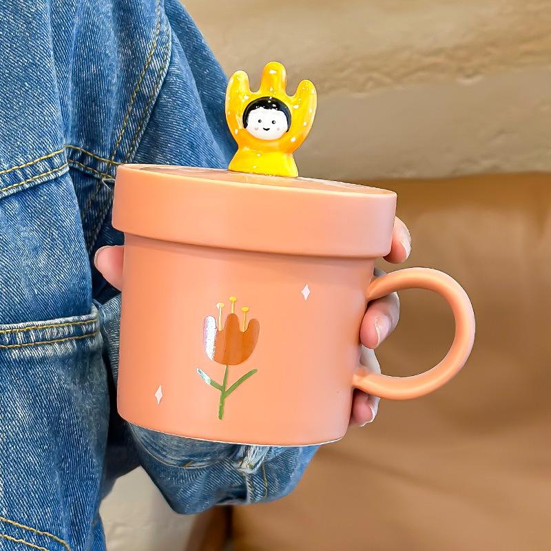 

Цветочный горшок Растение Высокая ценность Чашка Кружка Офис Пара Чашка для воды Бытовая керамическая чашка с крышкой Чашка для завтрака Девушки 450ML