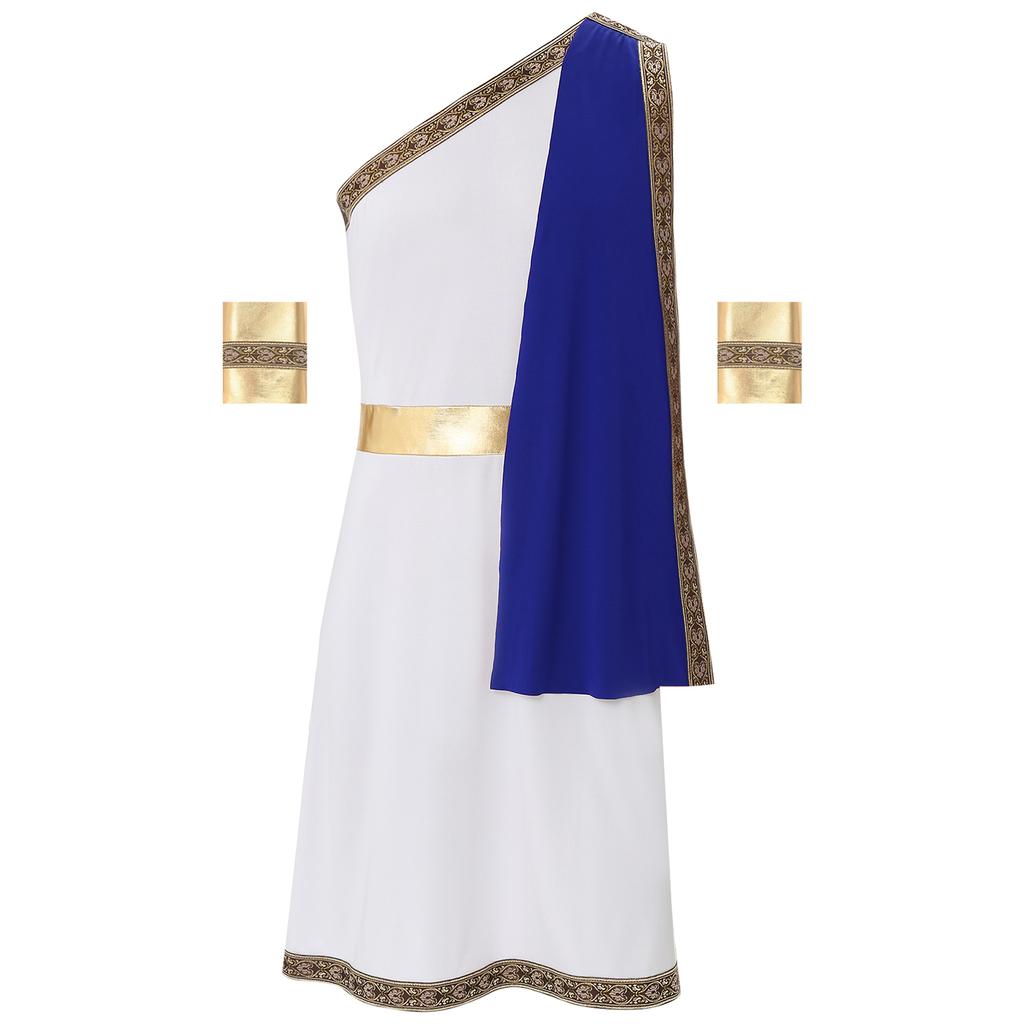 Mens One Shoulder Greek Toga Sleeveless Robe Embroidered Trim Detachable Cuffs Ancient Costume Halloween Outfit