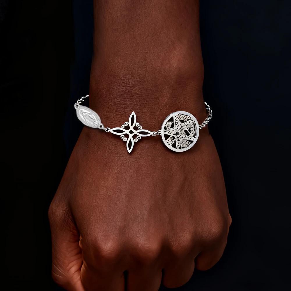 Pulsera de Triple Protección Plata Virgen María Nudo de Bruja Pentagrama Tetragrammaton Acero Inoxidable Muñeca Impermeable Joyería