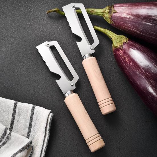Curățător de legume cu mâner ergonomic din lemn 2-în-1 Deschizător de sticle Lamă lată curbată Curățător ascuțit pentru cartofi mere citrice morcovi Gadgeturi de bucătărie