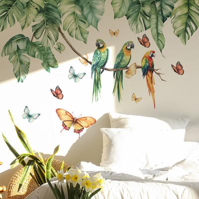 Folhas de Plantas Verdes Papagaios Coloridos Quarto Sala de Estar Hall de Entrada Fundo de Casa Embelezamento Adesivos de Parede