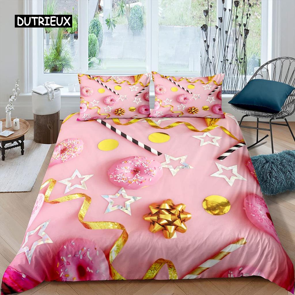 Donut Bettbezug-Set Dessert Lebensmittel Thema Bettdeckenbezug Bunter Druck 2/3-teilig Doppel Queen King Size Bettwäscheset für Kind Mädchen