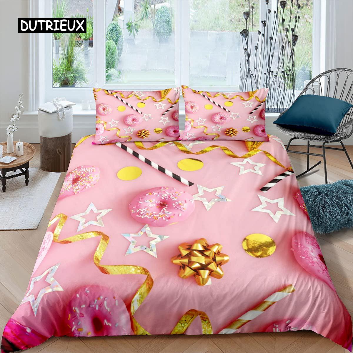 

Комплект постельного белья с изображением пончика, наволочка с изображением десерта и еды, цветной принт, 2/3 шт., двуспальный комплект постельного белья размера «king-size» для девочек EU single(135x200cm)