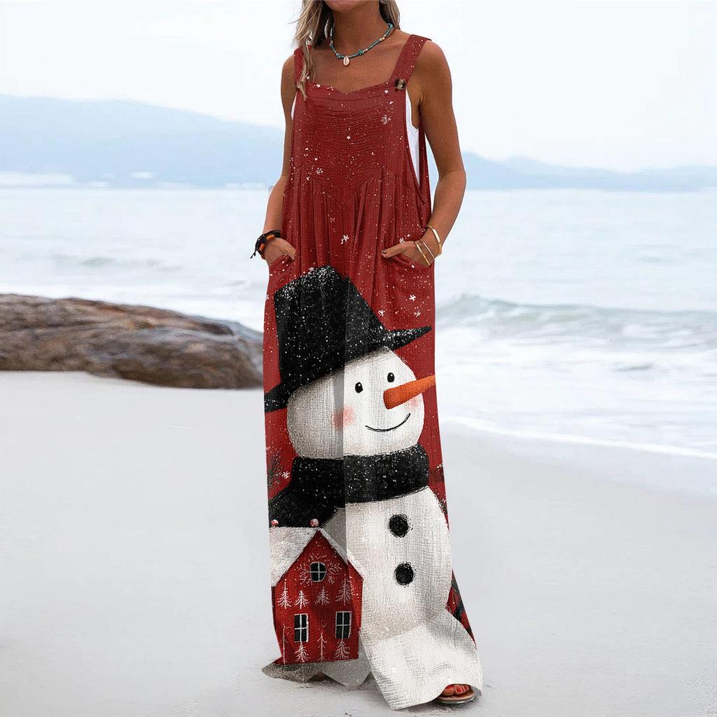 Women's Christmas Print Solid Wide Leg Strapless Tank Pocket Casual Onesie