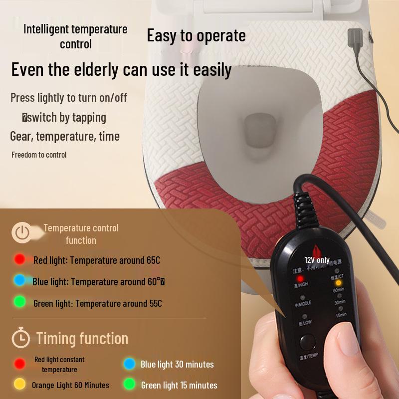 Waterproof Heated Toilet Seat Cushion with Zipper - Washable, Red, Winter-Ready Cover